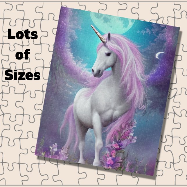 Puzzle Unicorne blanche avec fleurs pourpres et lune (Créateur téléchargé)