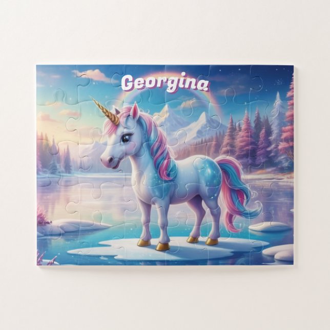 Puzzle Unicorne douce sur le lac gelé (Horizontal)
