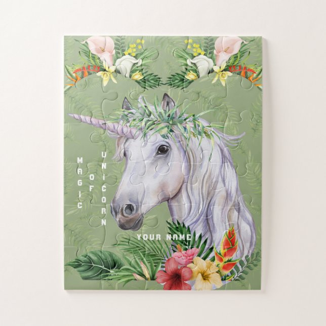 Puzzle Unicorne magique Exotique Tropical Fleurs Monogram (Vertical)