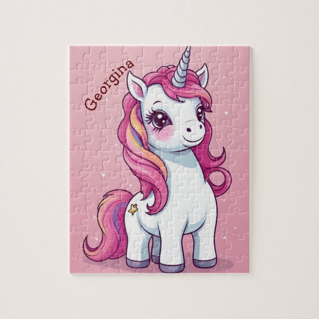 Puzzle Unicorne rose Whimsical Enfants personnalisés (Vertical)