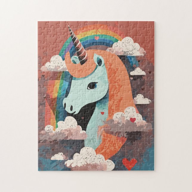 Puzzle Unicorne sous arc-en-ciel et parmi les coeurs (Vertical)