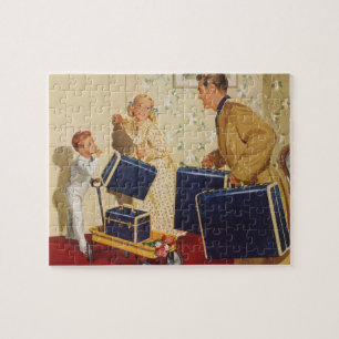 Puzzle Vacances vintage, papa, Enfants et Valises