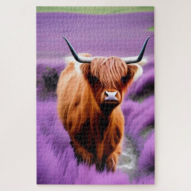 Puzzle Vache belle Highland dans le champ Lavender (Vertical)