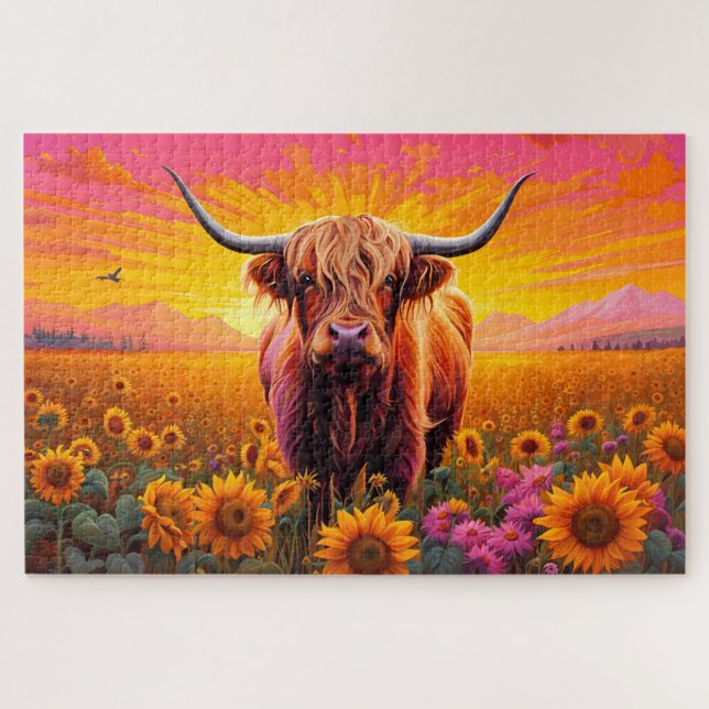 Puzzle Vache de Highland dans le champ des tournesols à l (Horizontal)