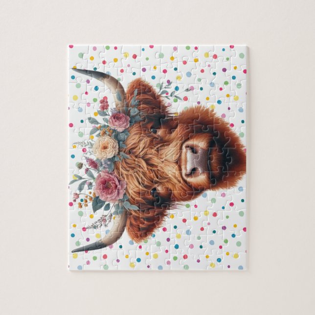 Puzzle Vache des hautes terres mignonne, florale/printani (Vertical)