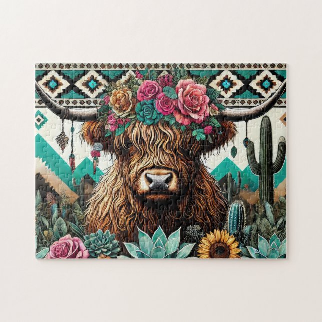 Puzzle Vache des Highlands Bohème Floral (Horizontal)