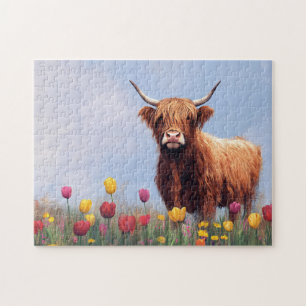 Puzzle Vache des Highlands dans un champ de tulipes