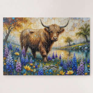 Puzzle Vache des Highlands dans un paysage de vallée fleu