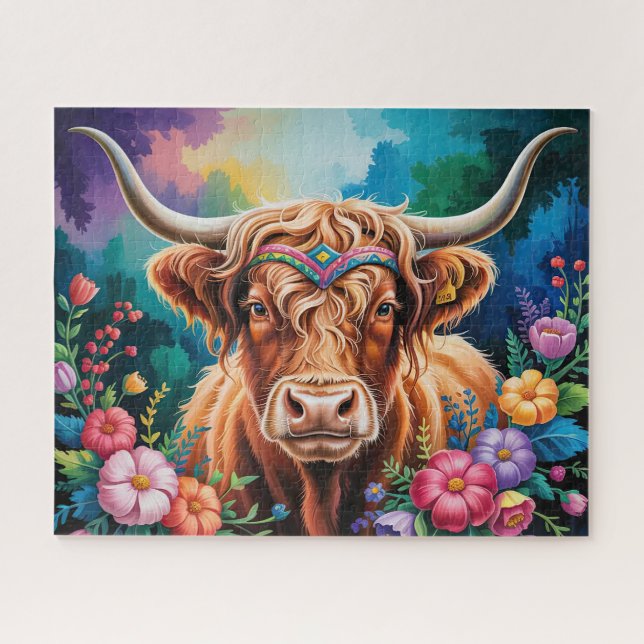 Puzzle Vache des Highlands Floral (Horizontal)
