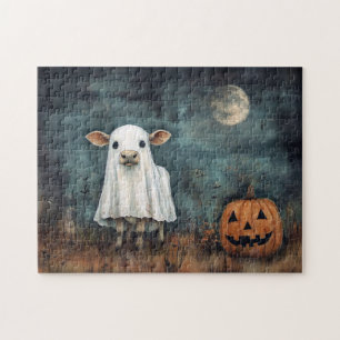 Puzzle Vache en costume fantôme avec Citrouille et Pleine