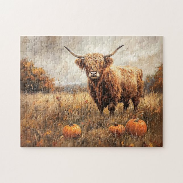 Puzzle Vache Highland avec Citrouilles (Horizontal)