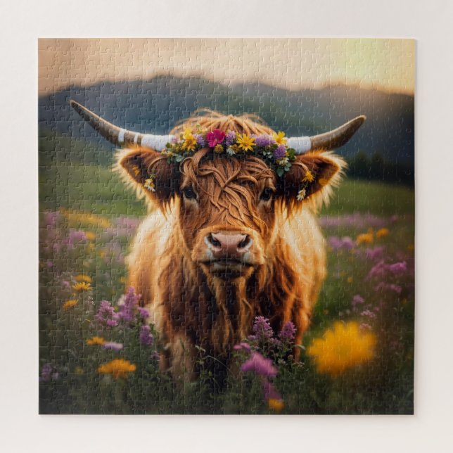 Puzzle Vache Highland Avec Couronne Fleur Colorée (Vertical)