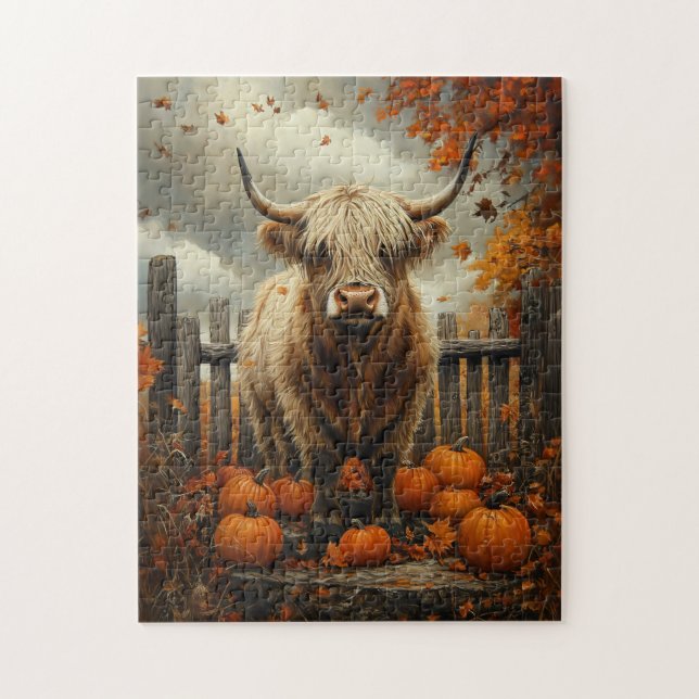 Puzzle Vache Highland dans Patch Citrouille (Vertical)