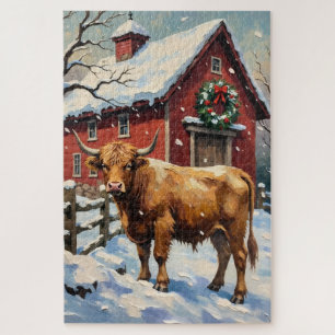Puzzle Vache Highland vintage à la grange de Noël enneigé