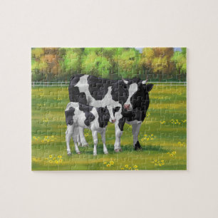 Puzzle Vache Holstein et veau mignon en pâturage d'été