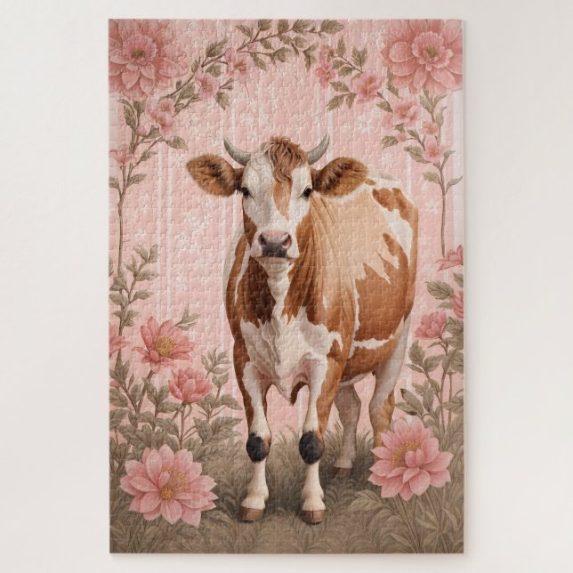 Puzzle Vache Jersey Adorable Fleur Rose (Vertical)