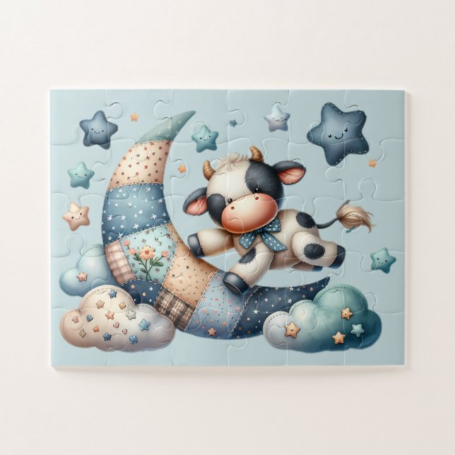 Puzzle Vache Patchwork Mignonne sur la Lune avec des Étoi (Horizontal)