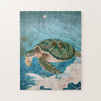 Puzzle Vagues au clair de lune - Tortue de mer, Art japon