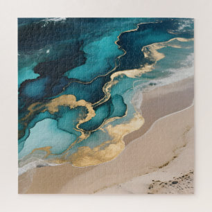 Puzzle Vagues de résine océanique aérienne Turquoise Or C