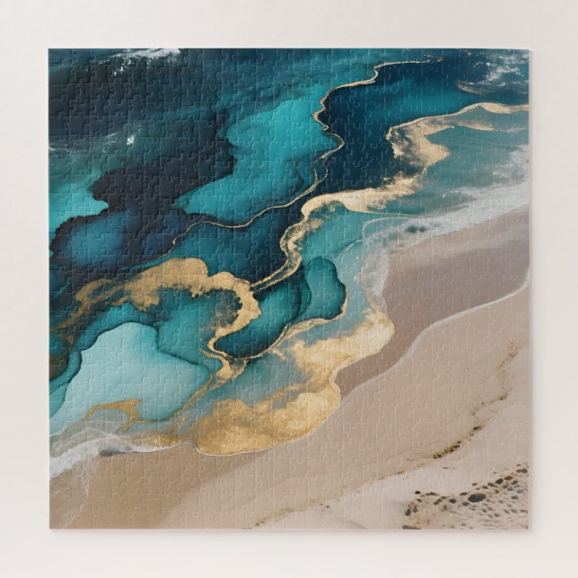 Puzzle Vagues de résine océanique aérienne Turquoise Or C (Vertical)