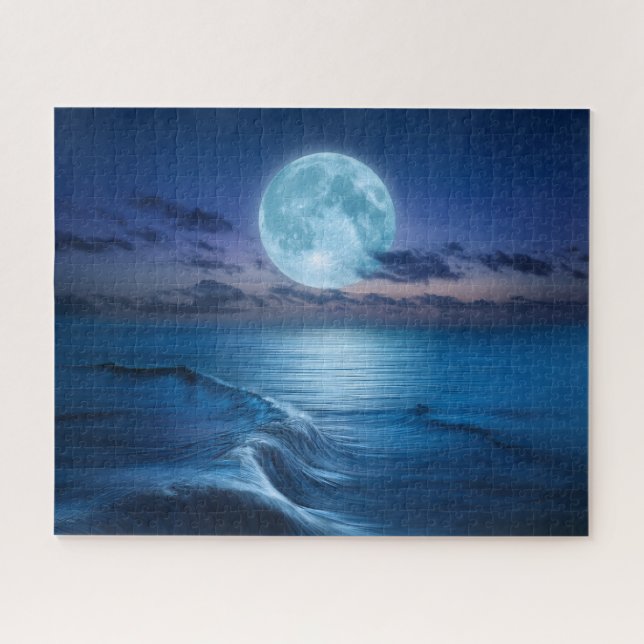 Puzzle Vagues océaniques éclairées par la lune avec plein (Horizontal)