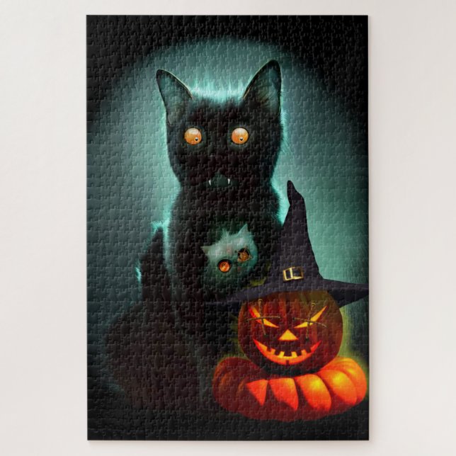 Puzzle Vampire Chat et Assistant Citrouille Halloween Sur (Vertical)