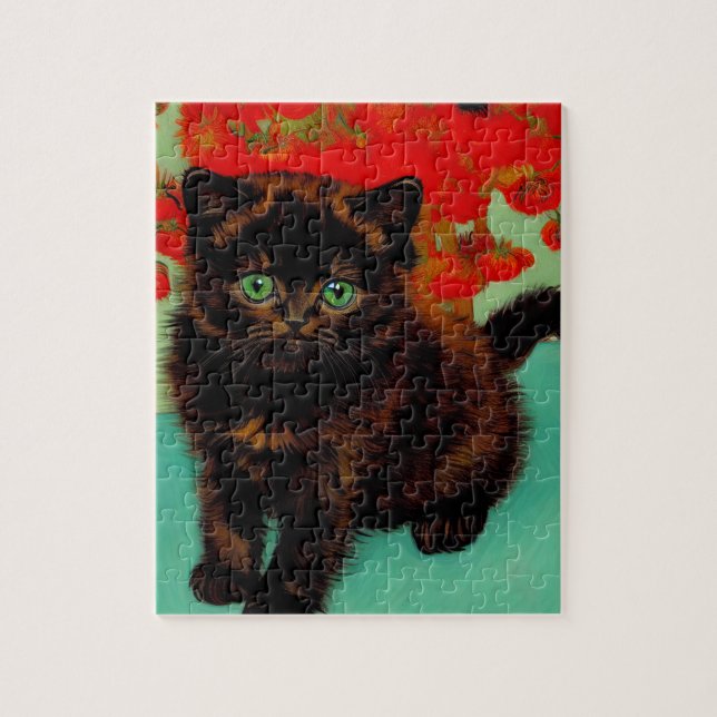 Puzzle Van Gogh Chat noir Fleurs rouges (Vertical)