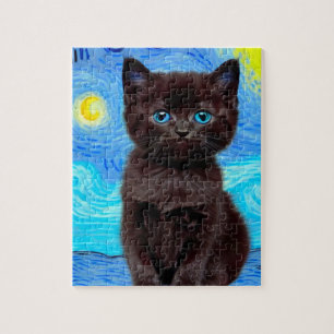 Puzzle Van Gogh Starry Night Black Cat