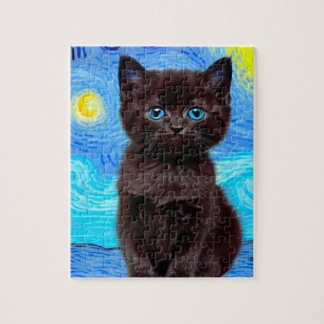 Puzzle Van Gogh Starry Night Black Cat (Vertical)