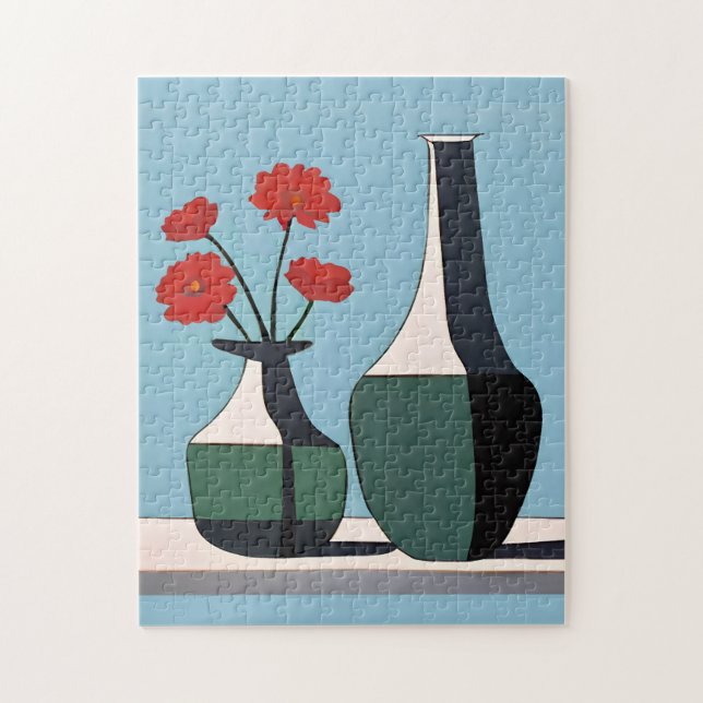 Puzzle Vases noirs et blancs avec fleurs rouges (Vertical)