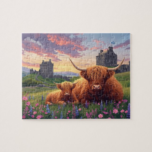 Puzzle Veau de vache Highland Castle Écossais Coucher de  (Horizontal)