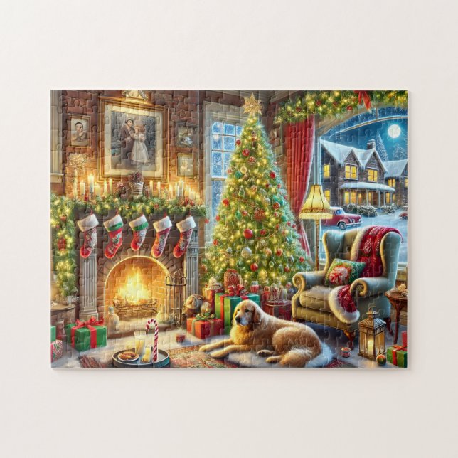 Puzzle Veille de Noël Golden Retriever Cheminée Cosy  (Horizontal)