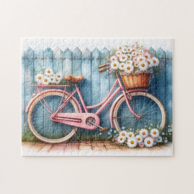 Puzzle Vélo rose vintage avec marguerites (Horizontal)