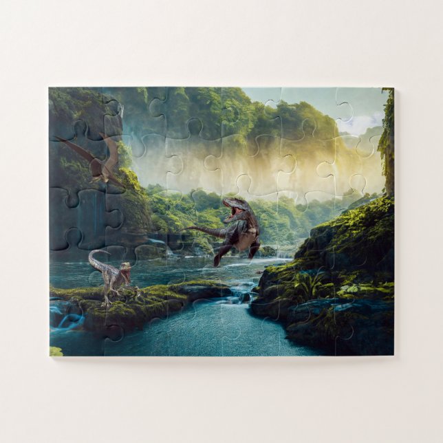 Puzzle Vélociraptor et T-Rex dans la jungle préhistorique (Horizontal)