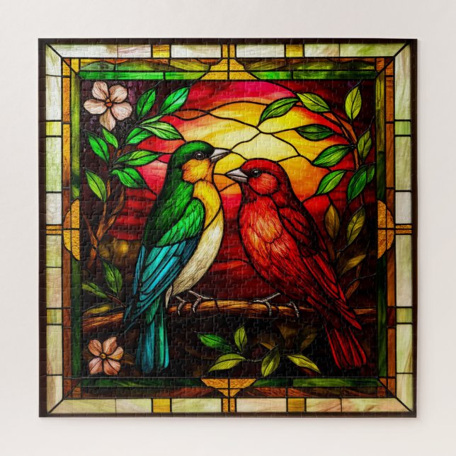 Puzzle Verre Coloré Représentant Deux Oiseaux (Vertical)