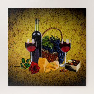 Puzzle Verre romantique, bouteille, fromage, raisin, or
