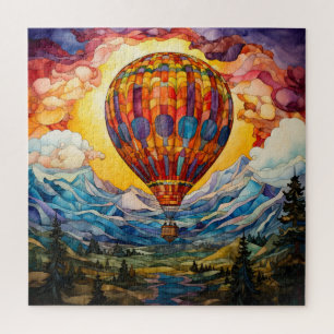 Puzzle Verre tendu Hot Air Ballotte Sunset Mountains