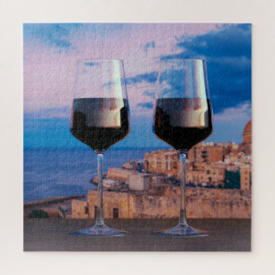 Puzzle Verres à vin avec vue coucher de soleil sur La Val