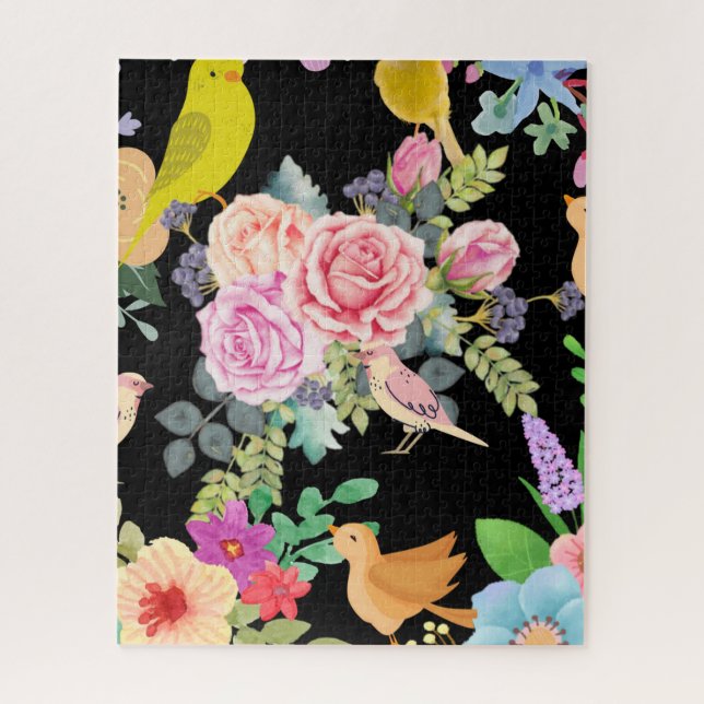 Puzzle Vibrant Colorful Birds and Flowers Art on Black (Vertical)