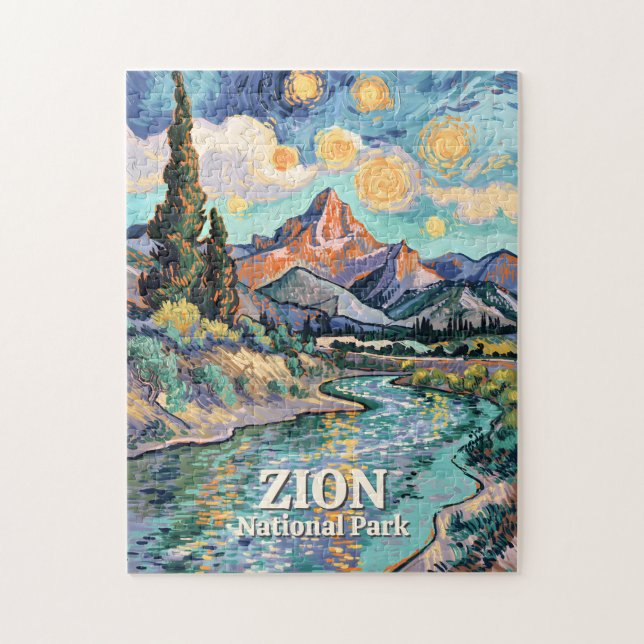 Puzzle Vibrant Zion River Sunset Retro Van Gogh Watchman (Vertical)