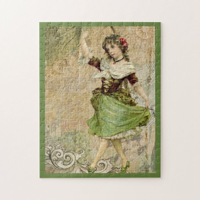 Puzzle Victorian Dancing Girl Green Rose rouge (Vertical)