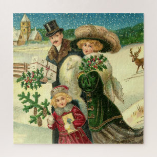 Puzzle Victorian Famy in the snow Christmas scene