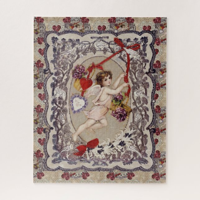 Puzzle Victorian Valentine Angel Red Heart (Vertical)