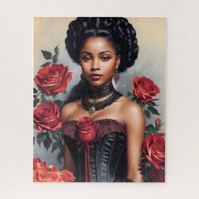 Puzzle Victorienne Black Girl Red Roses Goth Portrait (Vertical)