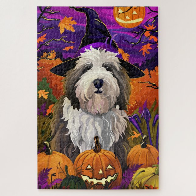 Puzzle Vieux anglais Sheepdog Halloween sorcier Citrouill (Vertical)