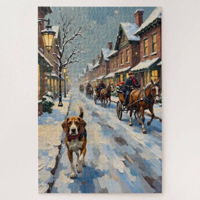 Puzzle Vieux Beagle dans une rue victorienne enneigée à N (Vertical)
