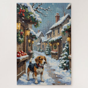 Puzzle Vieux Beagle sur un marché de Noël enneigé
