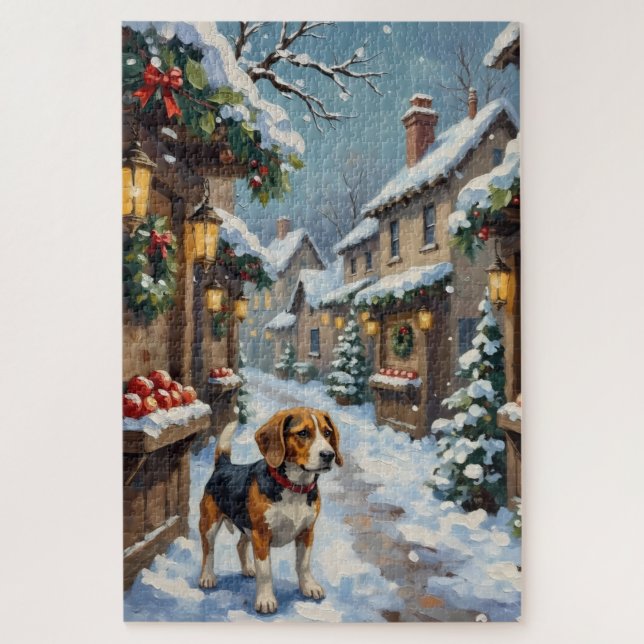 Puzzle Vieux Beagle sur un marché de Noël enneigé (Vertical)