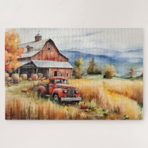 Puzzle Vieux camionnette et grange rouge en automne 20x30