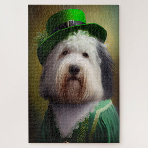Puzzle Vieux chien de berger anglais en tenue de la Saint